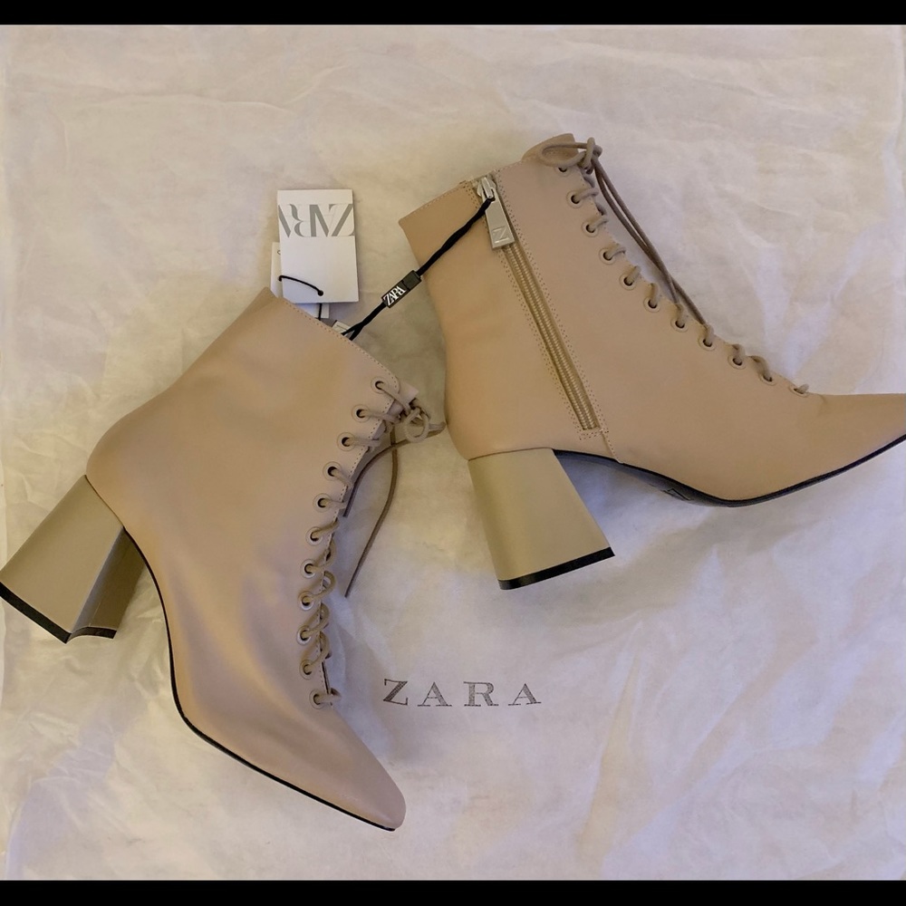 Zara Tan Leather Lace-up booties Size 39 NWT